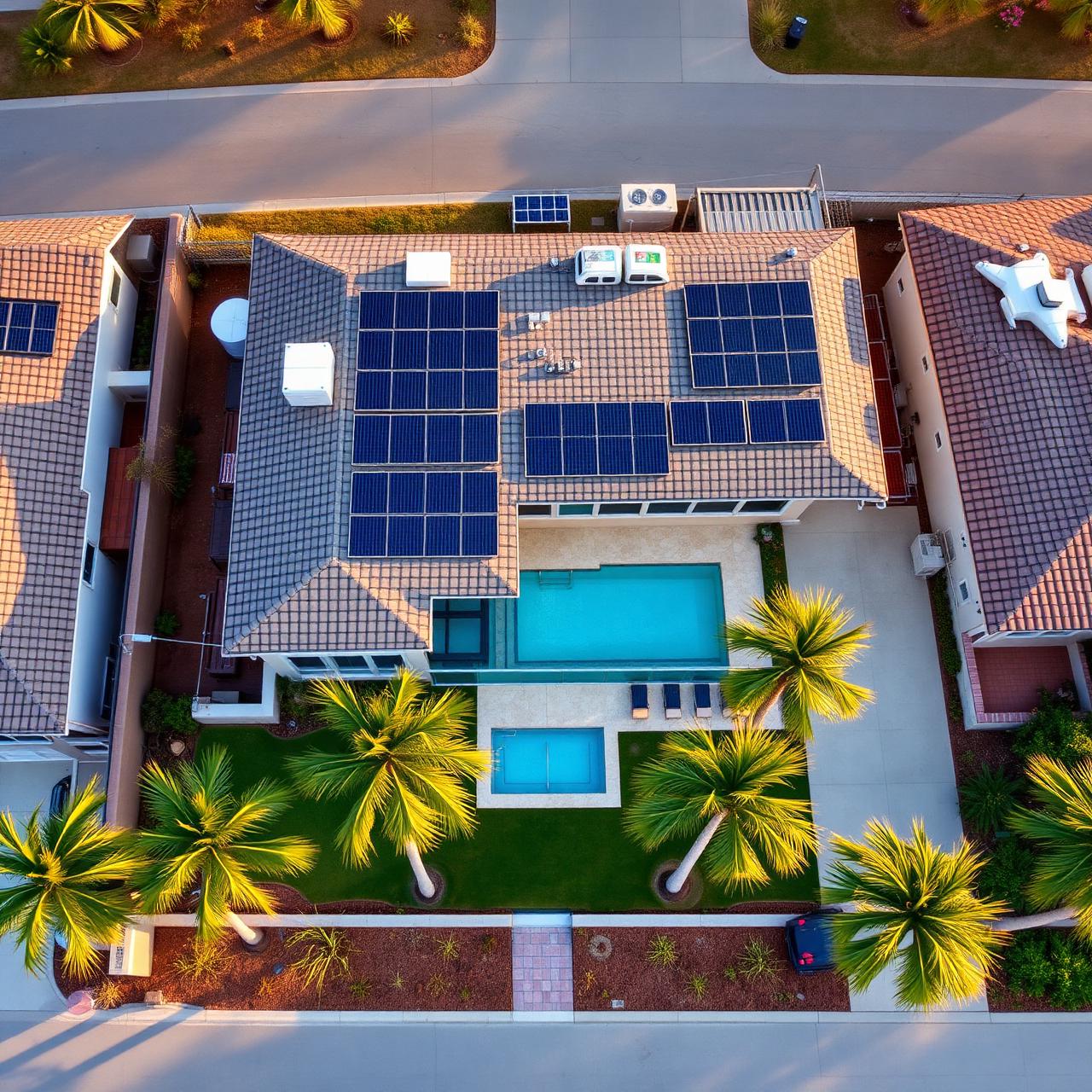 Aerial view of a Southern California home with rooftop solar panels and a pool