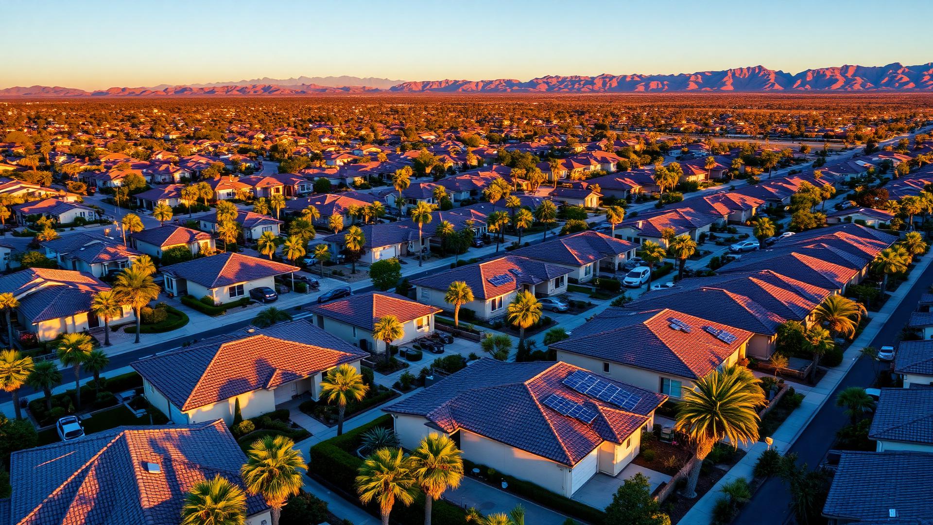 Aerial panorama of a Southern California neighborhood at golden hour